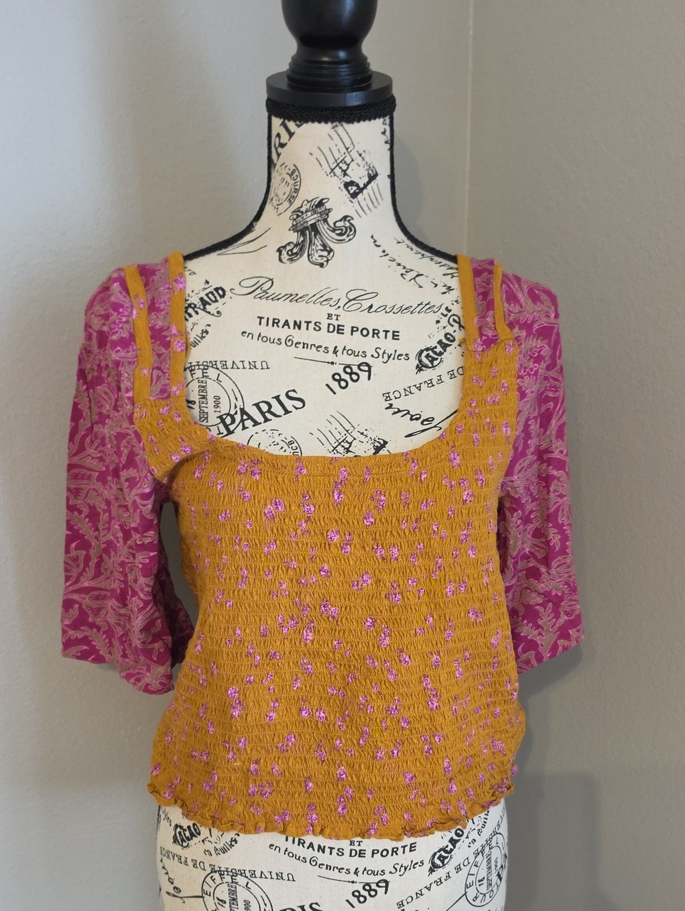 Women's Free People Smocked Square-Neck Women's Top in Mustard and Pink XL NWT